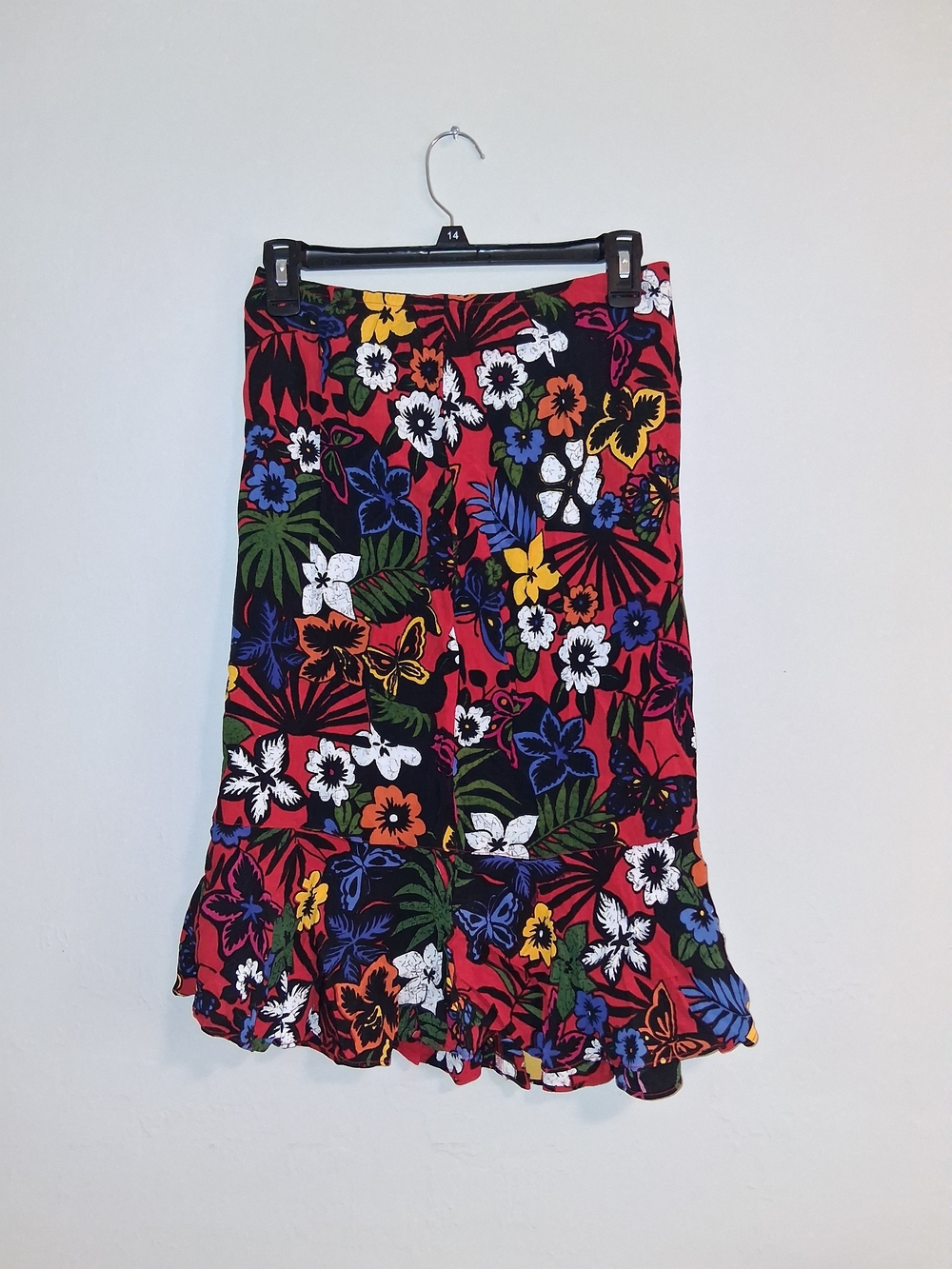 Chico's Red Floral Maxi Skirt with Ruffle Hem